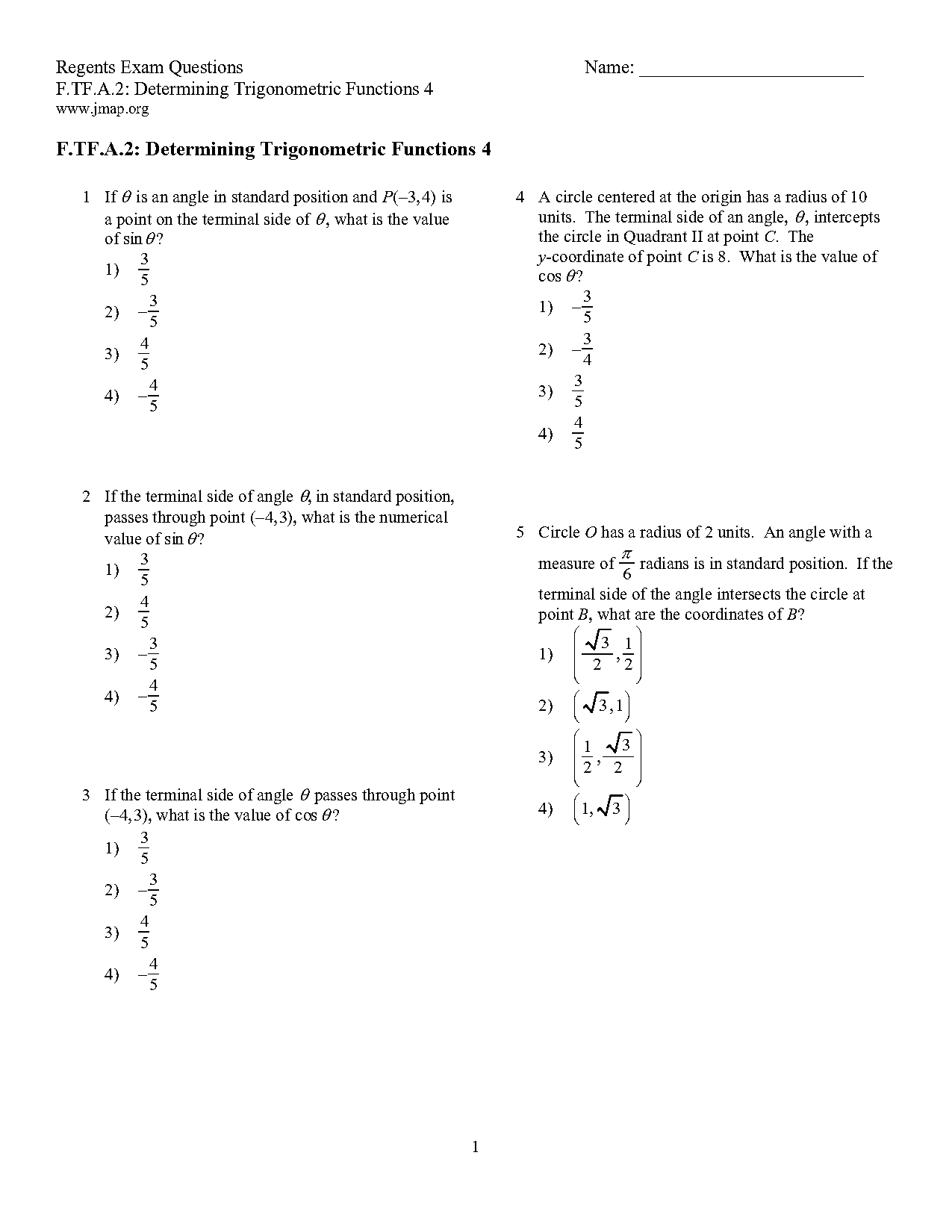 trigonometric functions of angles in standard position worksheet