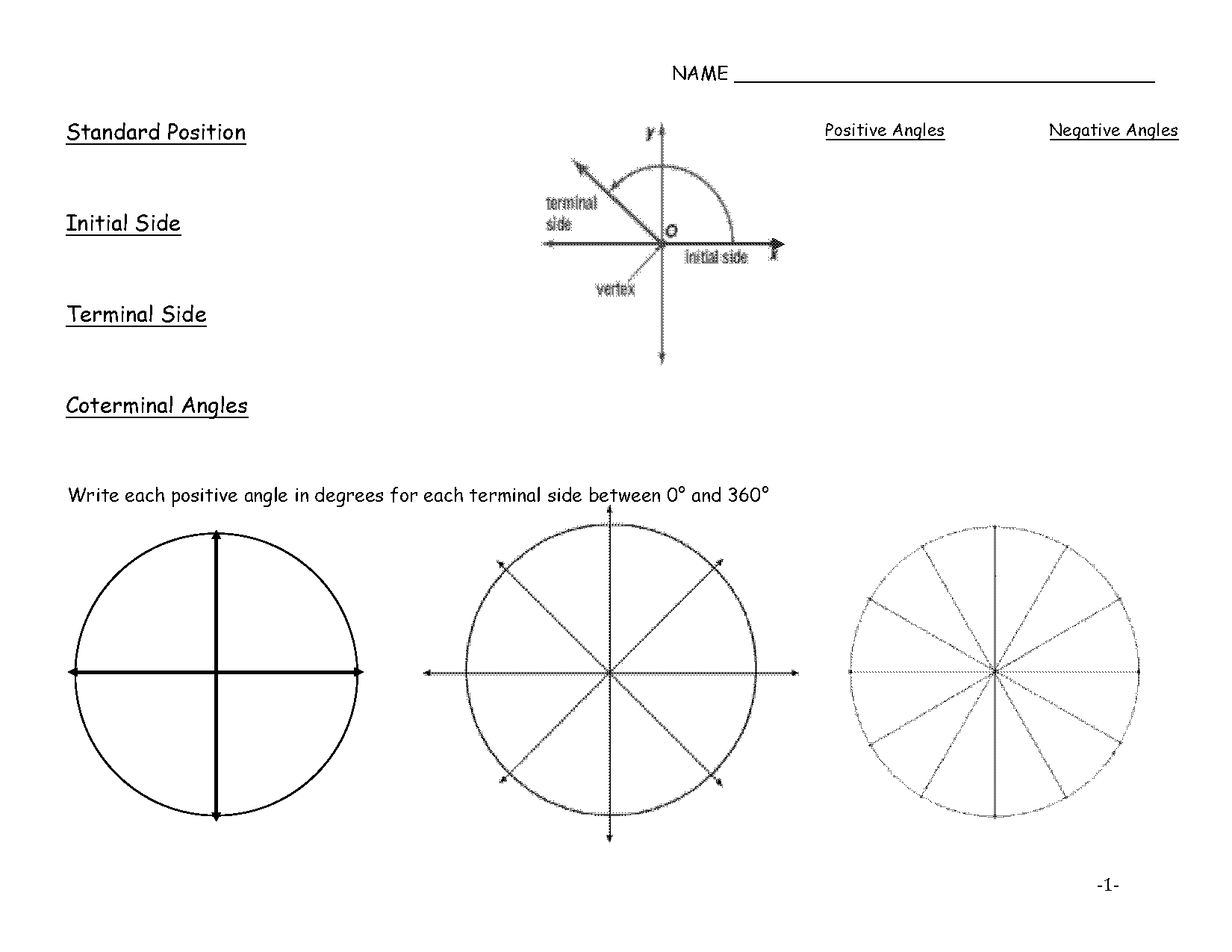 trigonometric functions of angles in standard position worksheet