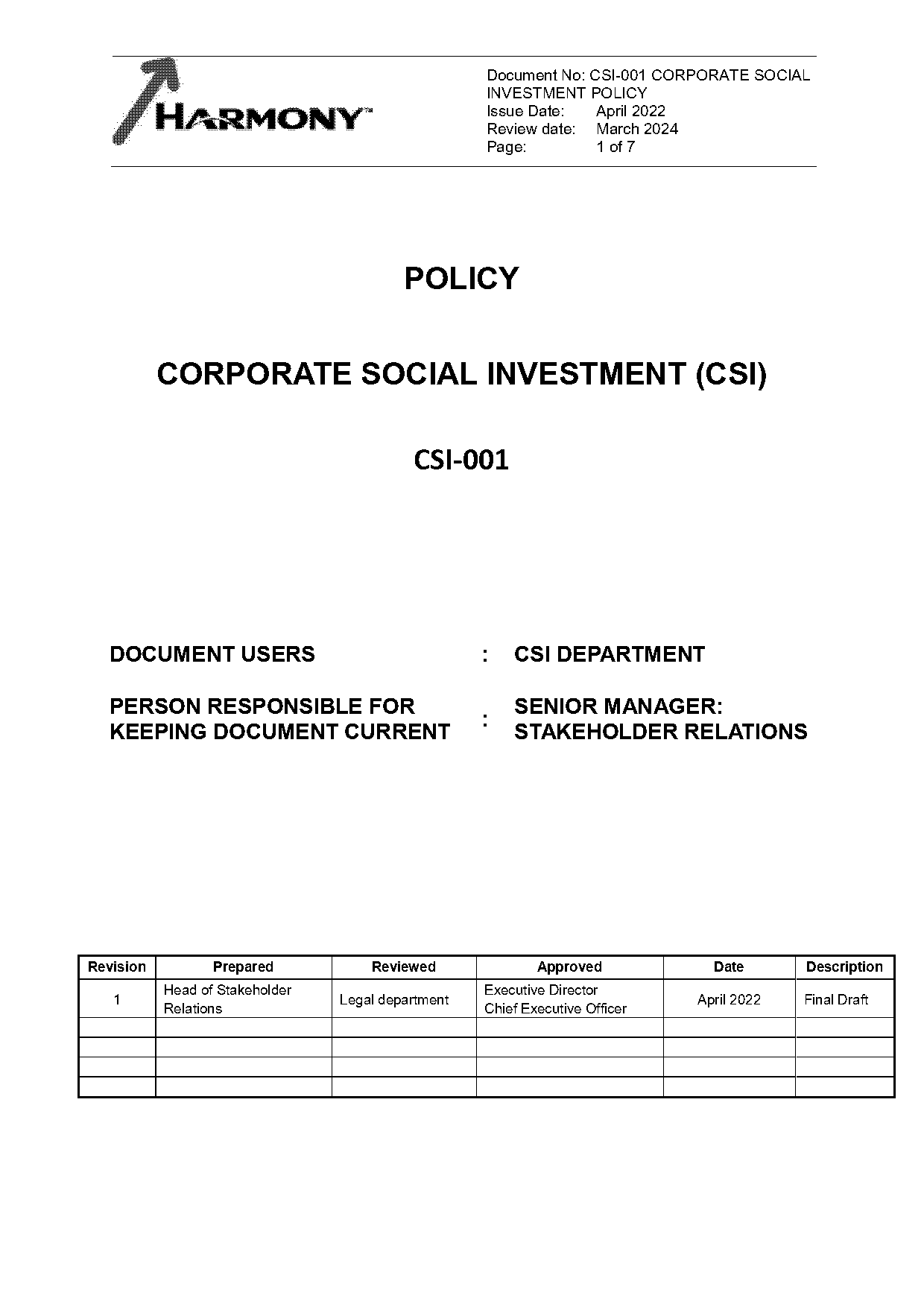 corporate social investment policy in south africa